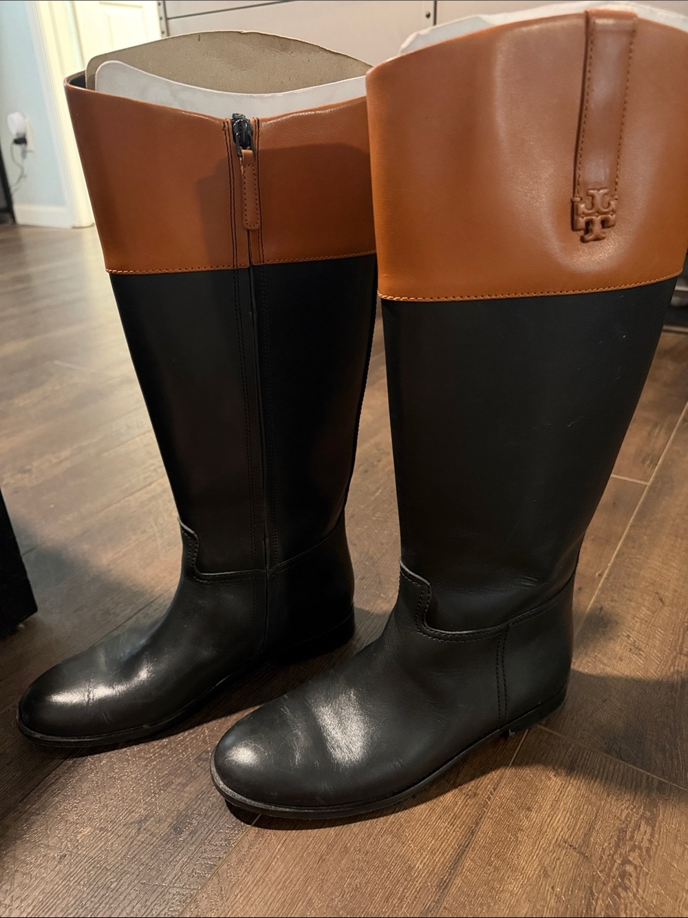 Tory Burch Black Leather Riding Boots with Brown Cuff